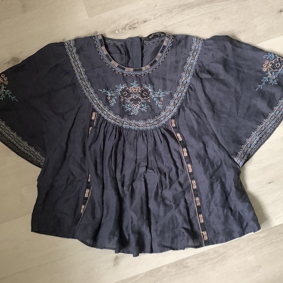 Zara Denim Peasant Embroidered Floral Linen Blend Top Blouse Size Xs - Picture 8 of 14